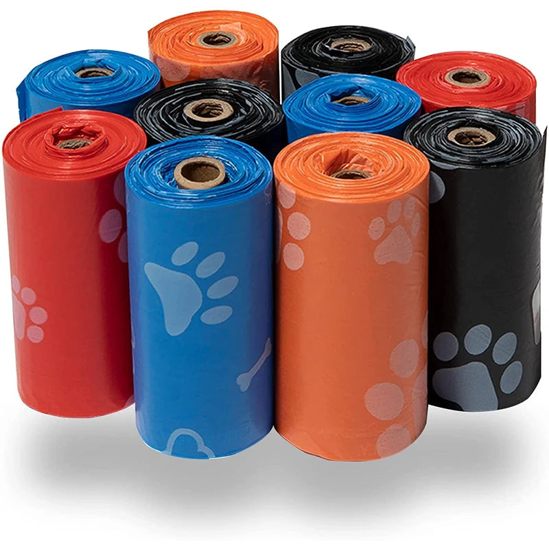 A stack of 120 rolls of outdoor cleaning poop bags, ideal for pet owners. Each roll is compact and portable, designed for easy dispensing during walks or outings.